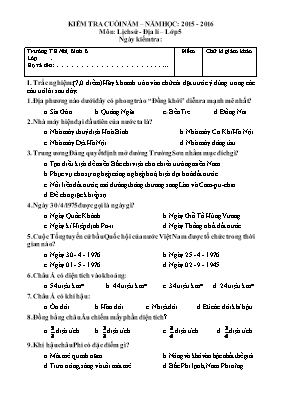 Đề kiểm tra cuối năm Lịch sử và Địa lí lớp 5 (Khuyết tật) - Năm học 2015-2016